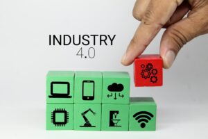 colored cubes with technology items and the word Industry 4.0. Industry 4.0 infographic.